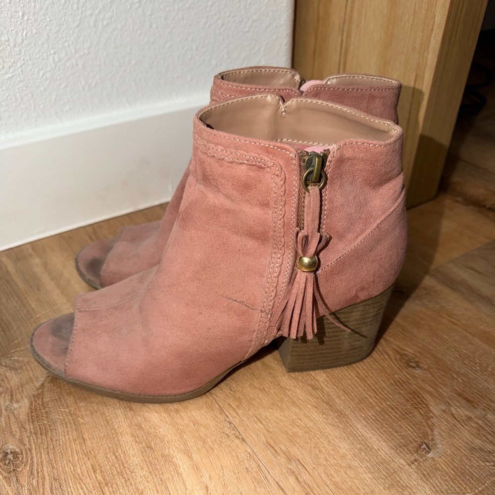 Qupid Pink Suede Peep-Toe Ankle Booties with Tassel Zip